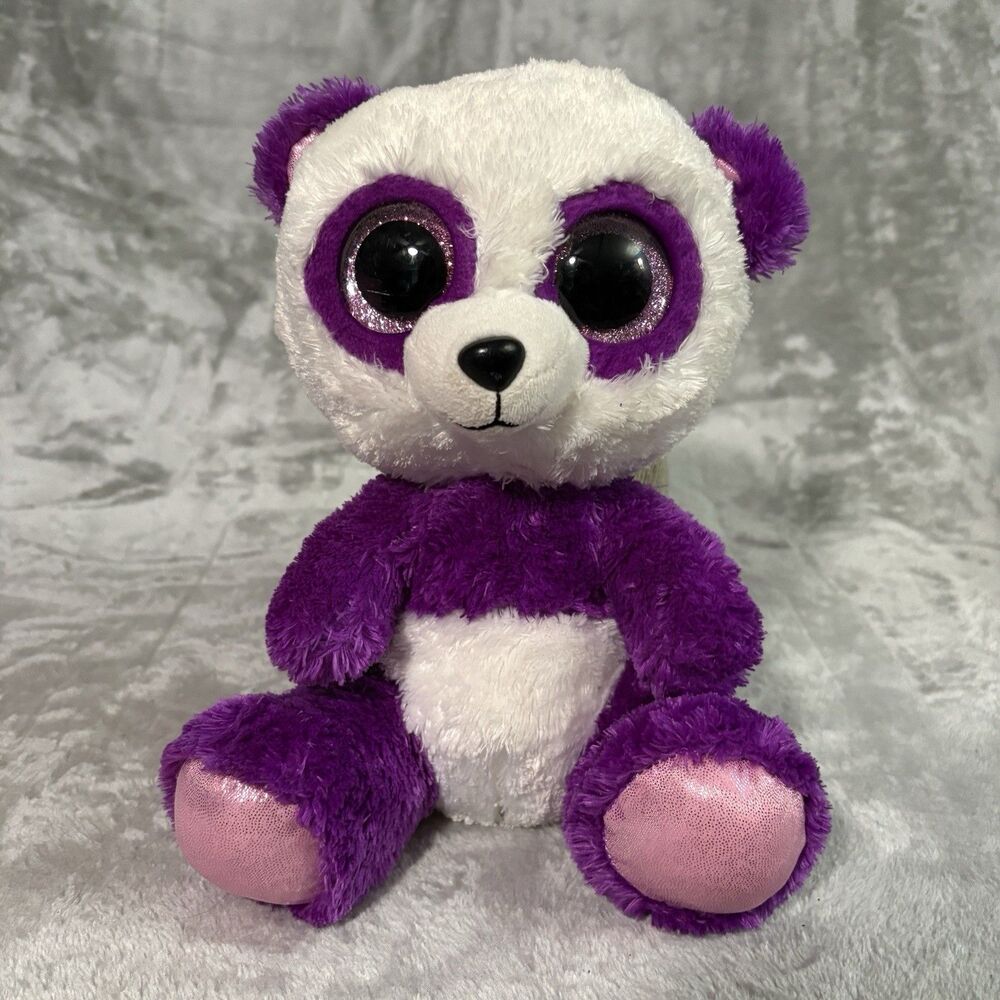 TY Silk Beanie Boo Boom Boom Purple Panda Plush Stuffed Animal Big Eyes 9 inch